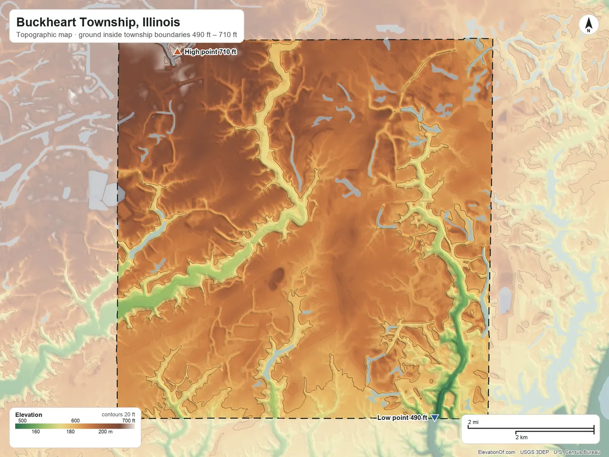 Topographic elevation map of Buckheart Township, Illinois, shaded from 490 ft on the southeast side to 710 ft on the northwest side