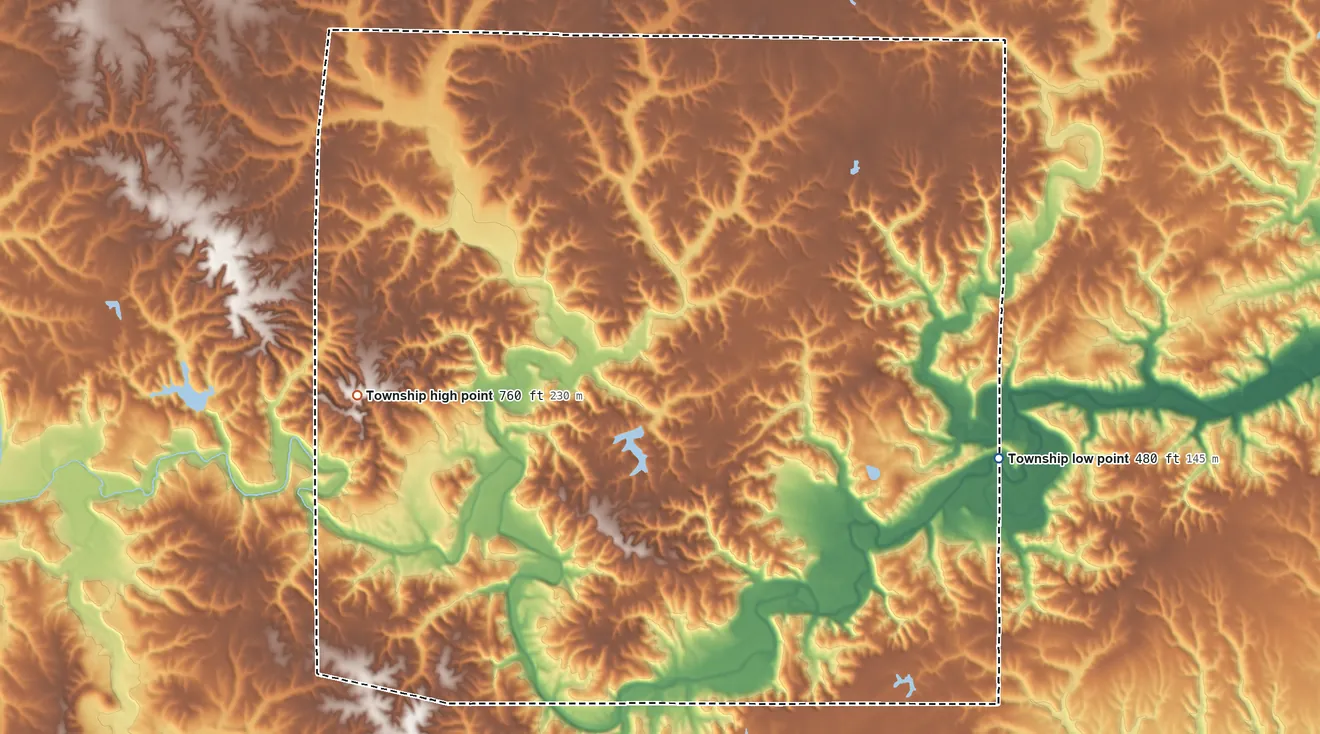 Topographic elevation map of Buckhorn Township, Illinois, shaded from 480 ft on the east side to 760 ft on the west side