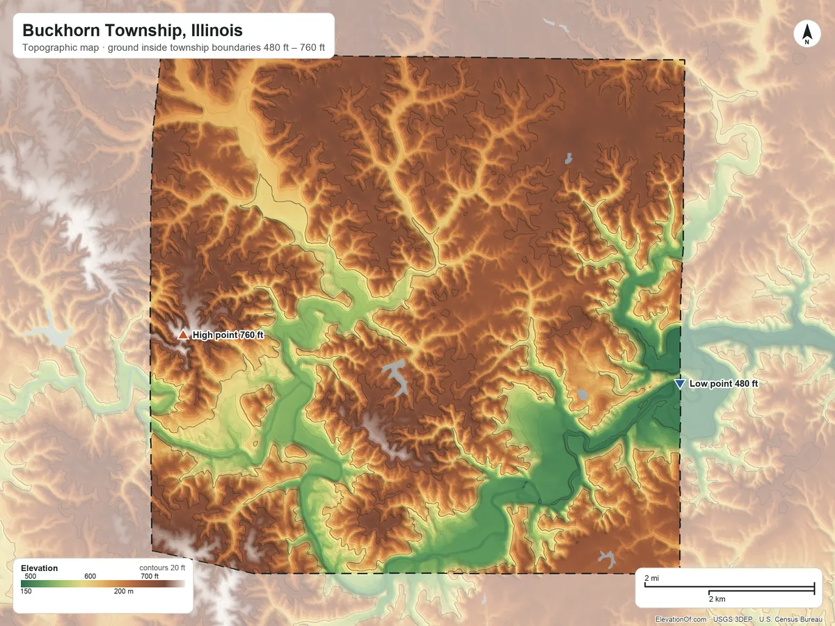 Topographic elevation map of Buckhorn Township, Illinois, shaded from 480 ft on the east side to 760 ft on the west side