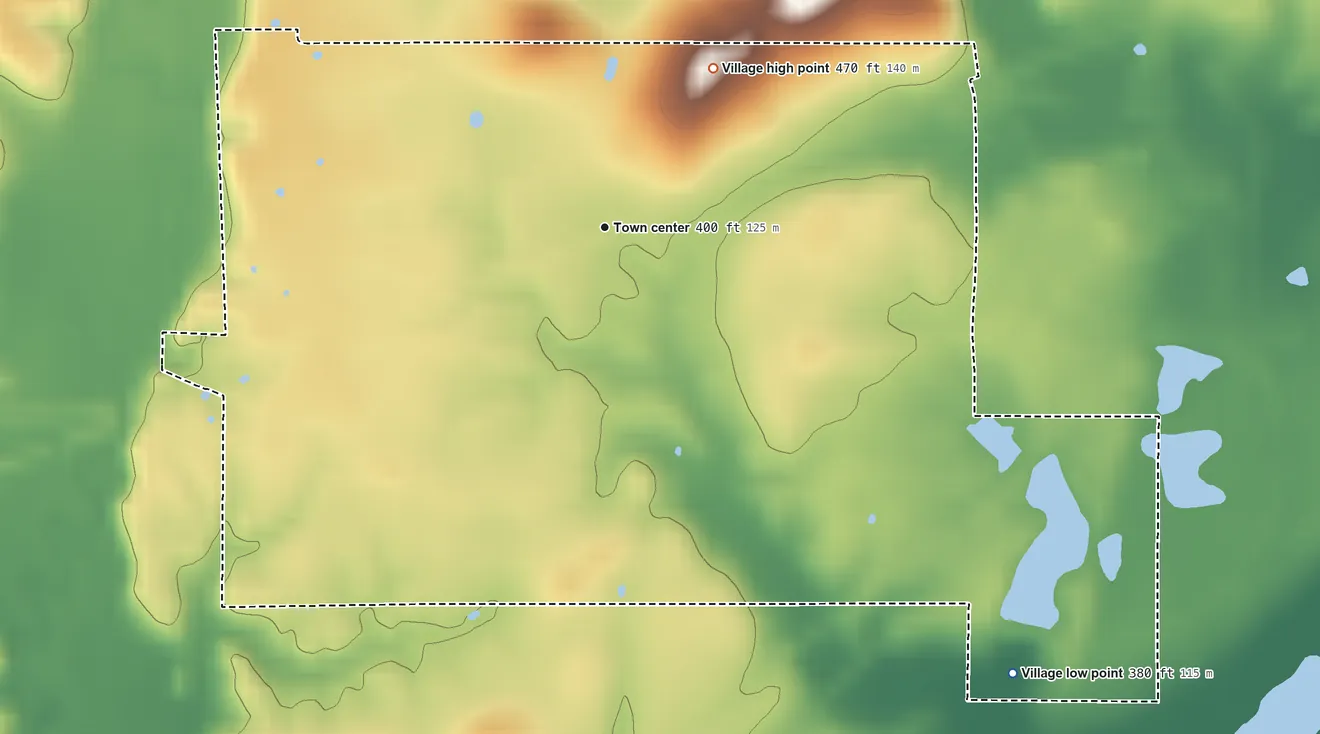 Topographic elevation map of Buckner, Illinois, shaded from 380 ft on the southeast side to 470 ft on the northeast side