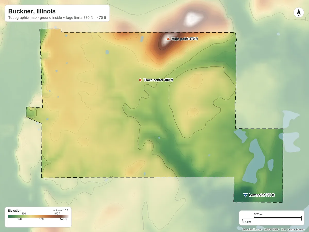 Topographic elevation map of Buckner, Illinois, shaded from 380 ft on the southeast side to 470 ft on the northeast side