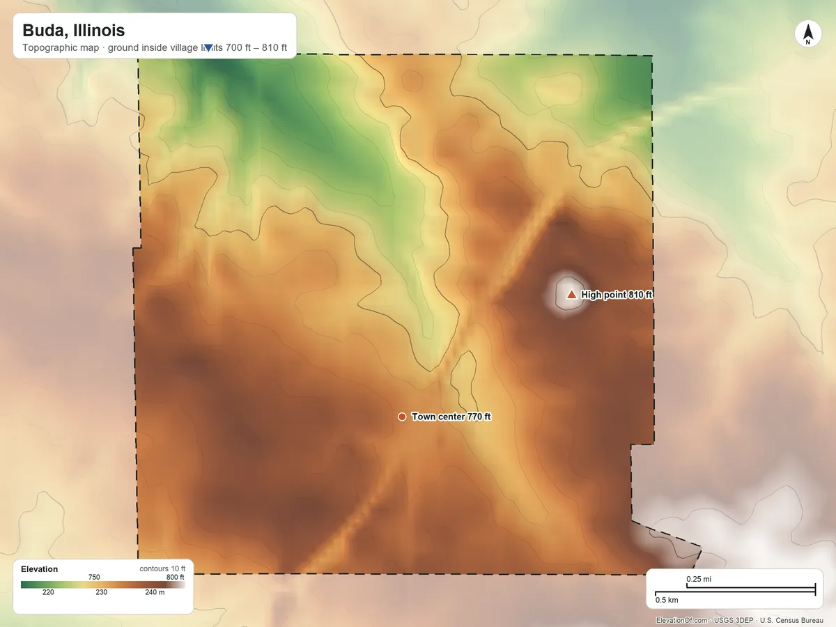 Topographic elevation map of Buda, Illinois, shaded from 700 ft on the northwest side to 810 ft on the northeast side