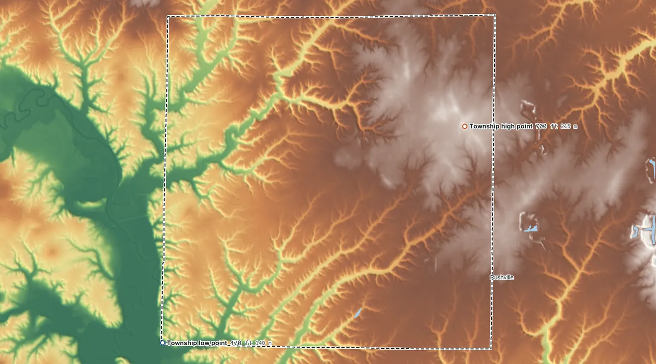 Topographic elevation map of Buena Vista Township, Illinois, shaded from 470 ft on the west side to 700 ft on the north side