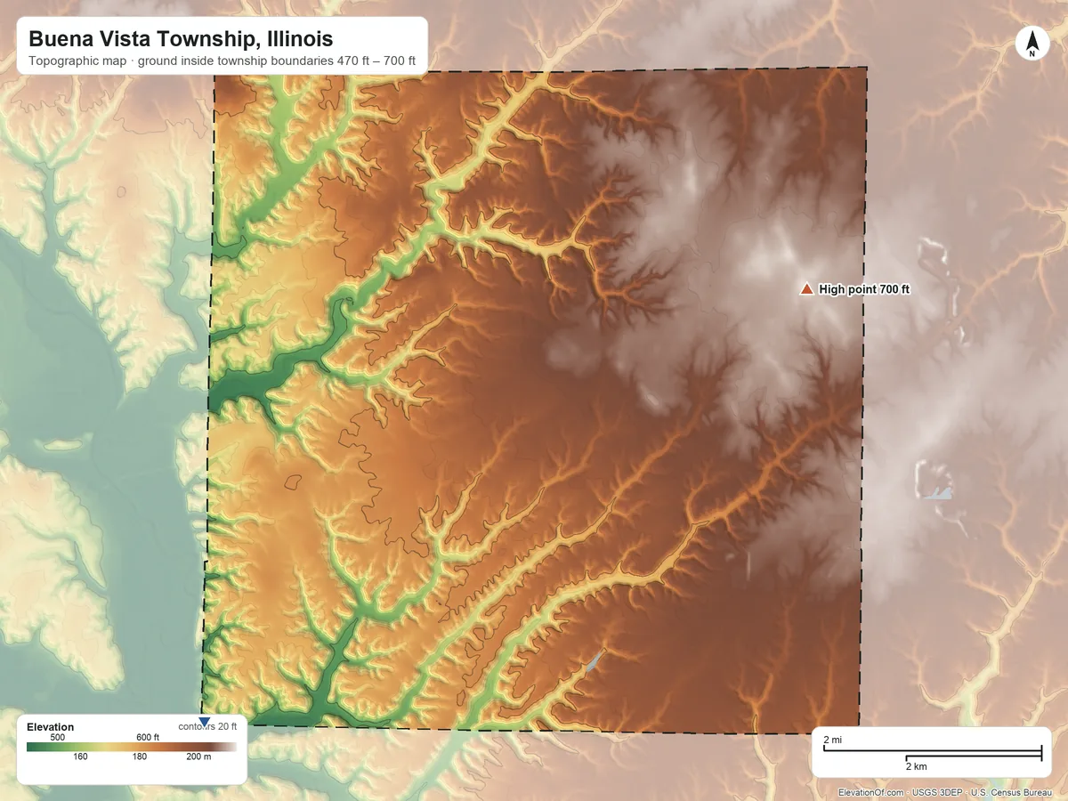 Topographic elevation map of Buena Vista Township, Illinois, shaded from 470 ft on the west side to 700 ft on the north side