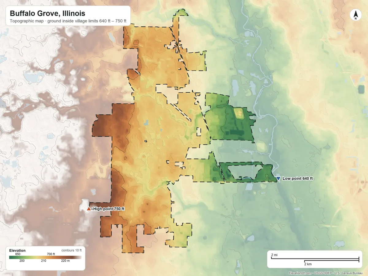 Topographic elevation map of Buffalo Grove, Illinois, shaded from 640 ft on the east side to 750 ft on the southwest side