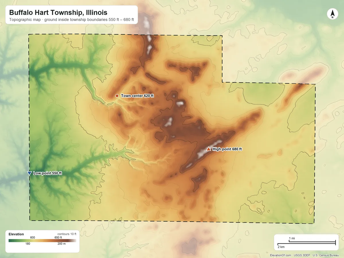 Topographic elevation map of Buffalo Hart Township, Illinois, shaded from 550 ft on the southwest side to 680 ft on the southeast side
