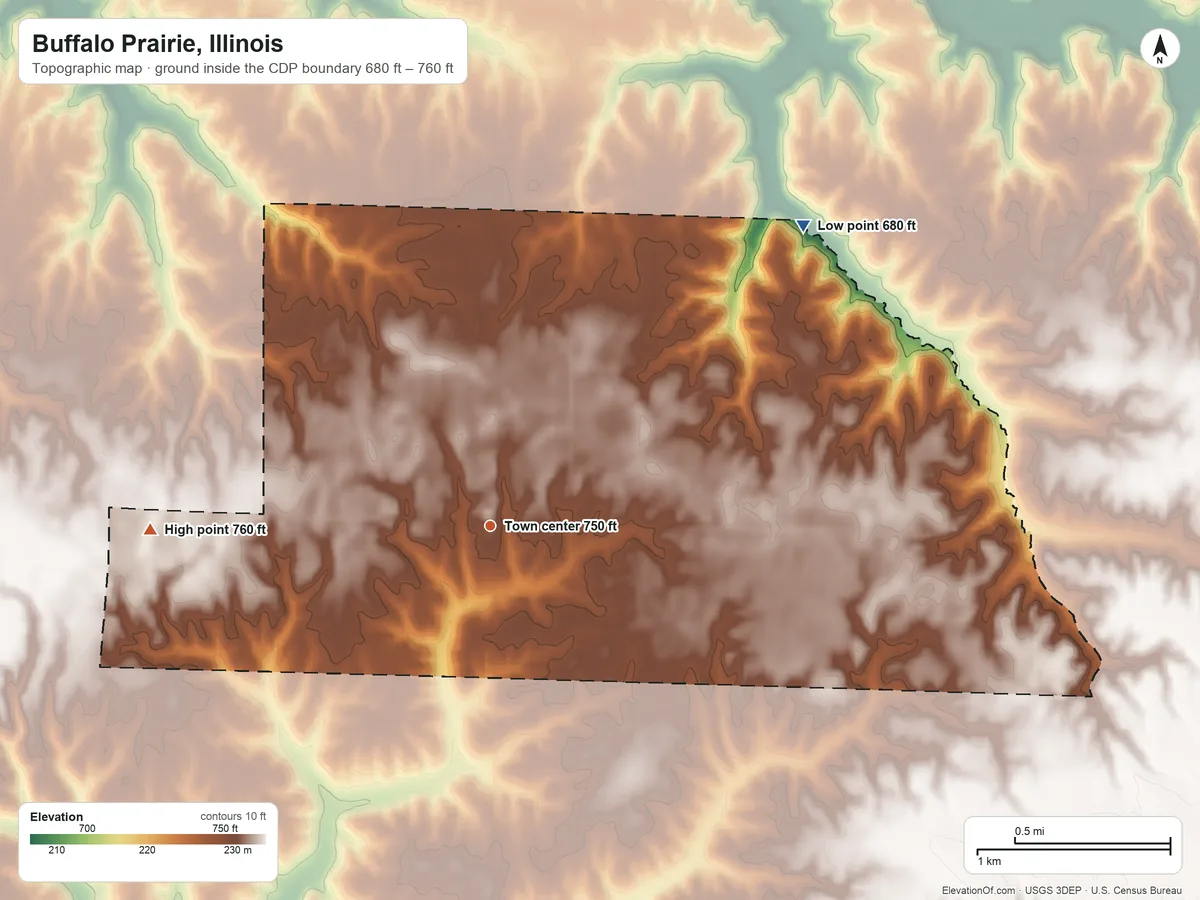 Topographic elevation map of Buffalo Prairie, Illinois, shaded from 680 ft on the northeast side to 760 ft on the west side