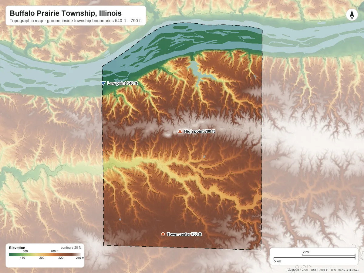 Topographic elevation map of Buffalo Prairie Township, Illinois, shaded from 540 ft on the north side to 790 ft on the north side