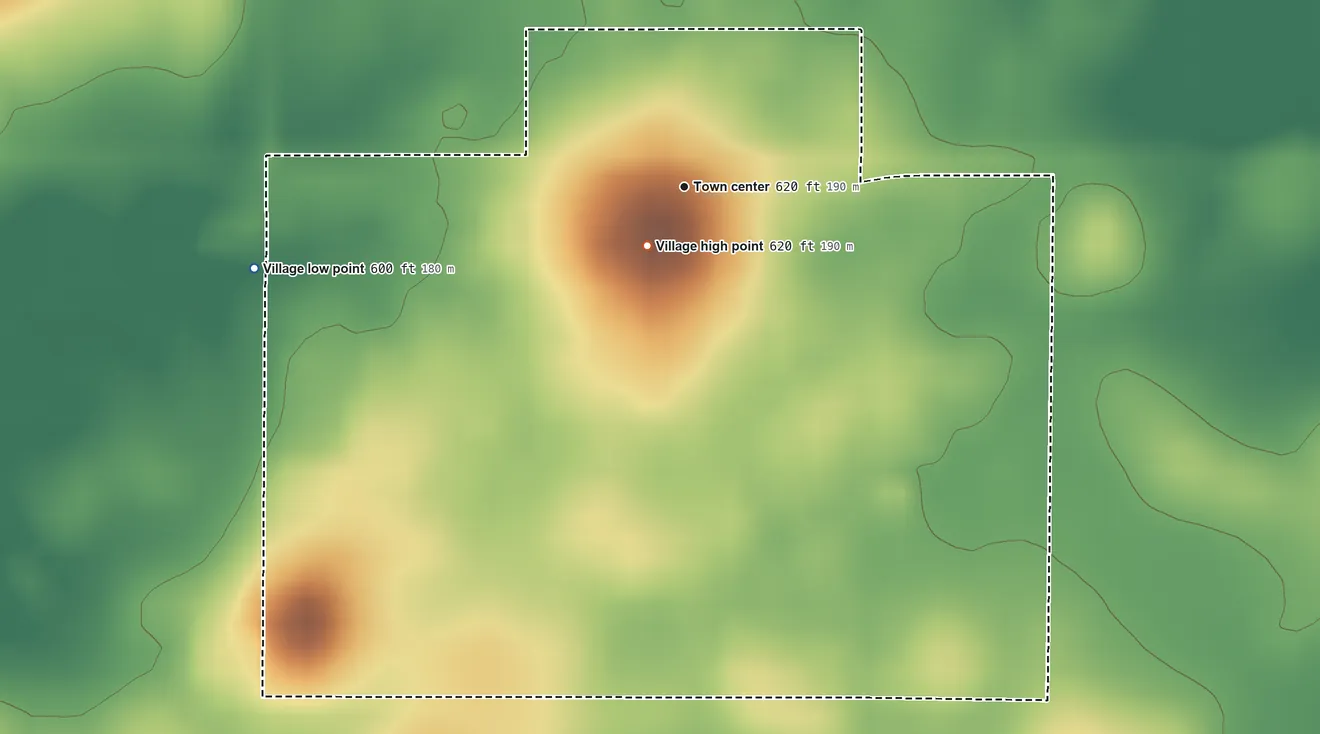 Topographic elevation map of Buffalo, Illinois, shaded from 600 ft on the west side to 620 ft near the middle