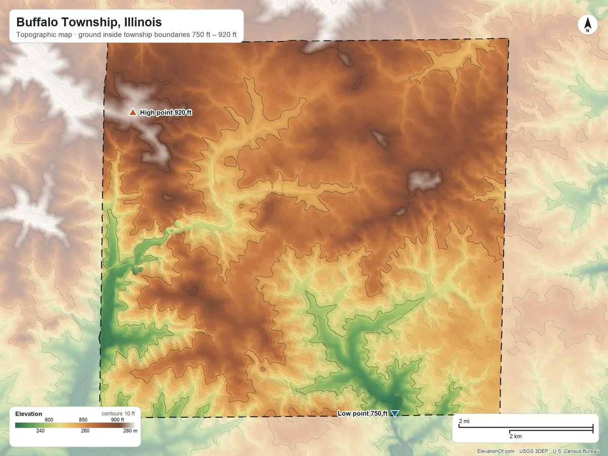 Topographic elevation map of Buffalo Township, Illinois, shaded from 750 ft on the southeast side to 920 ft on the northwest side