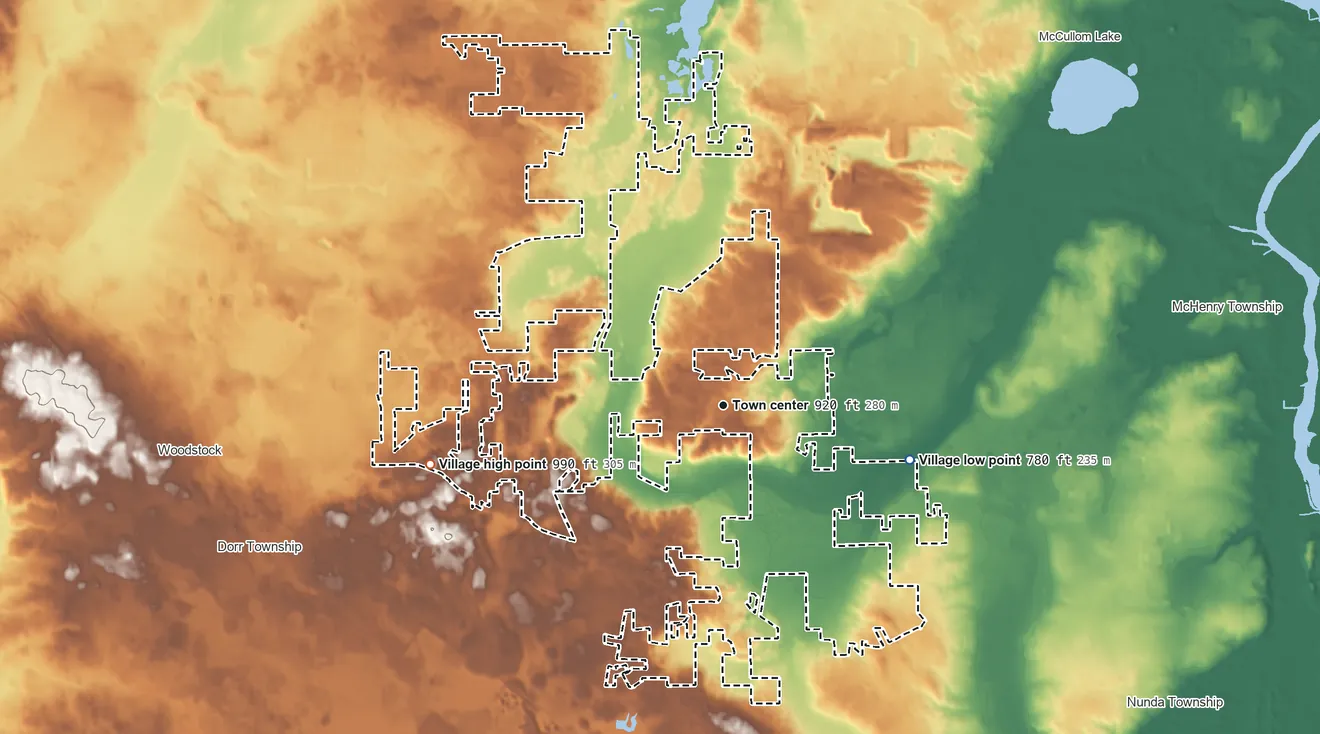Topographic elevation map of Bull Valley, Illinois, shaded from 780 ft on the east side to 990 ft on the west side