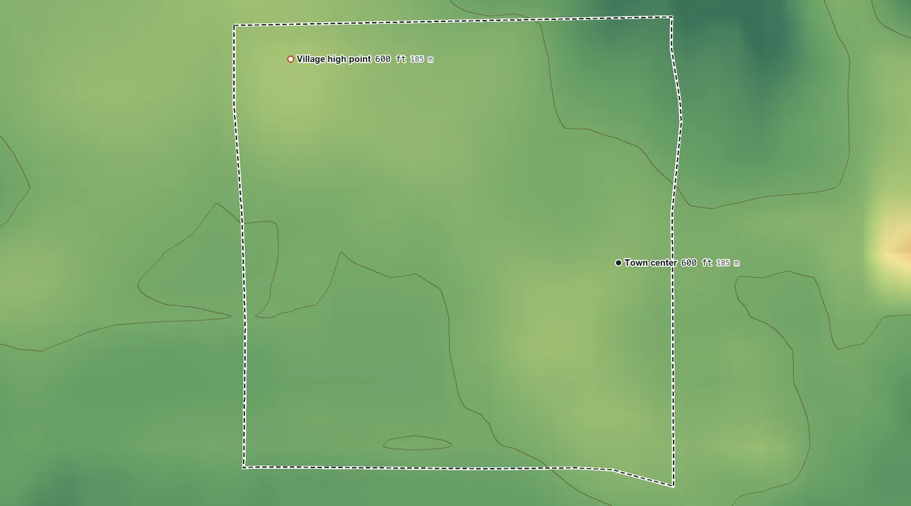 Topographic elevation map of Bulpitt, Illinois, shaded from 600 ft on the north side to 600 ft on the northwest side
