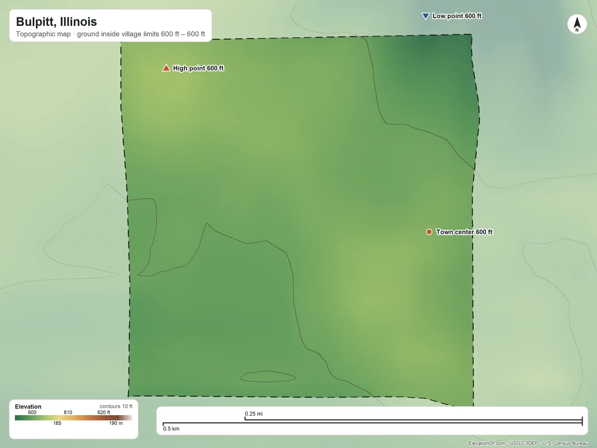 Topographic elevation map of Bulpitt, Illinois, shaded from 600 ft on the north side to 600 ft on the northwest side