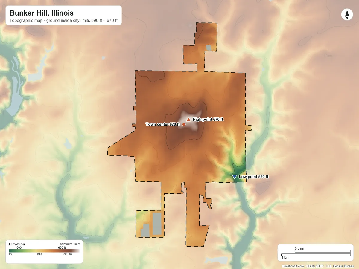Topographic elevation map of Bunker Hill, Illinois, shaded from 590 ft on the southeast side to 670 ft near the middle