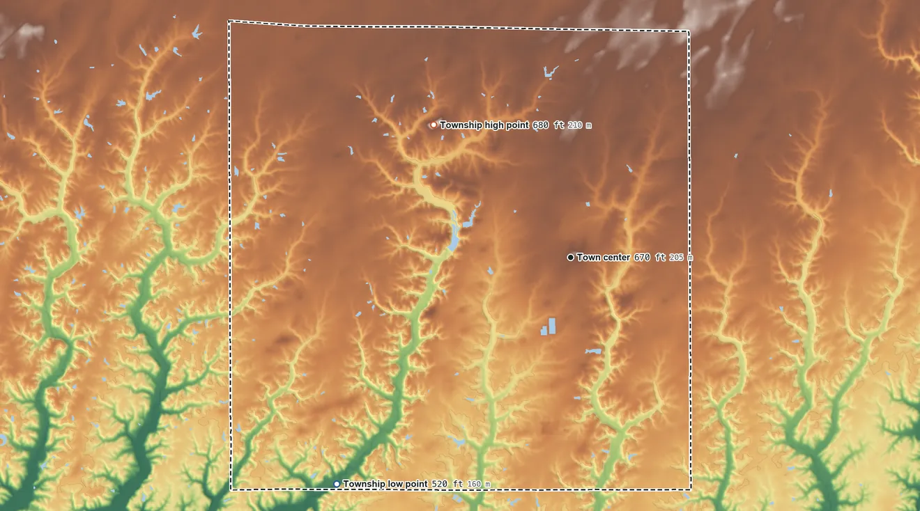 Topographic elevation map of Bunker Hill Township, Illinois, shaded from 520 ft on the southwest side to 680 ft on the northwest side