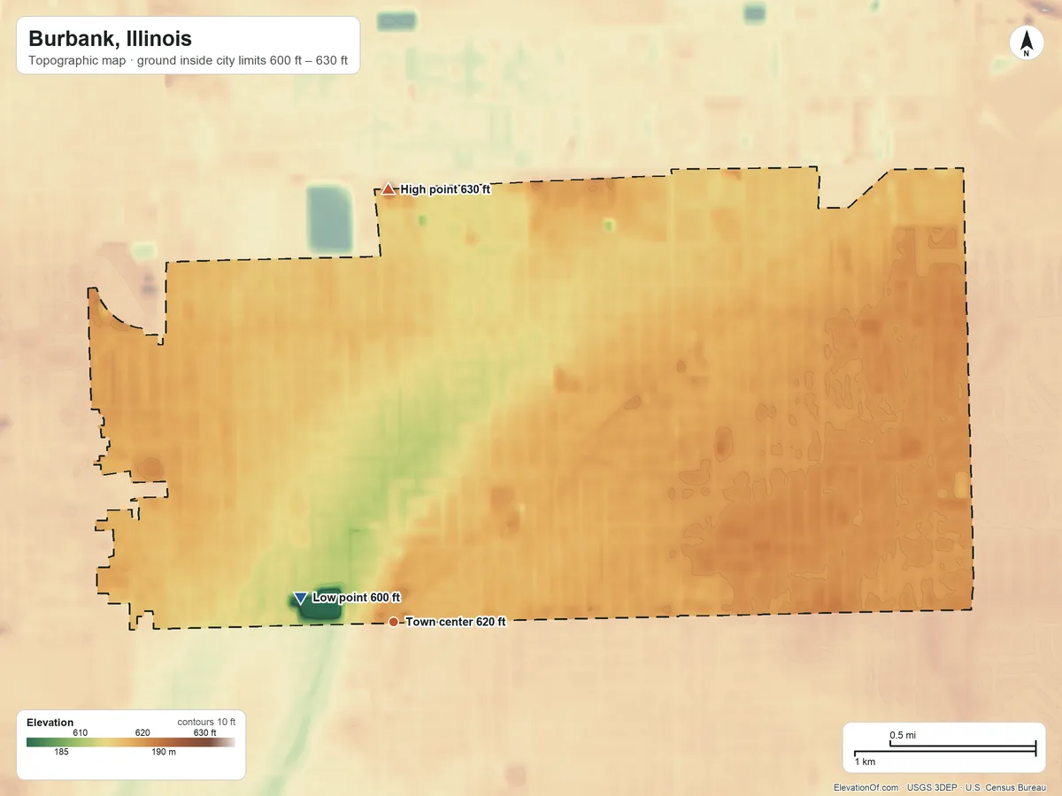 Topographic elevation map of Burbank, Illinois, shaded from 600 ft near the middle to 630 ft on the north side