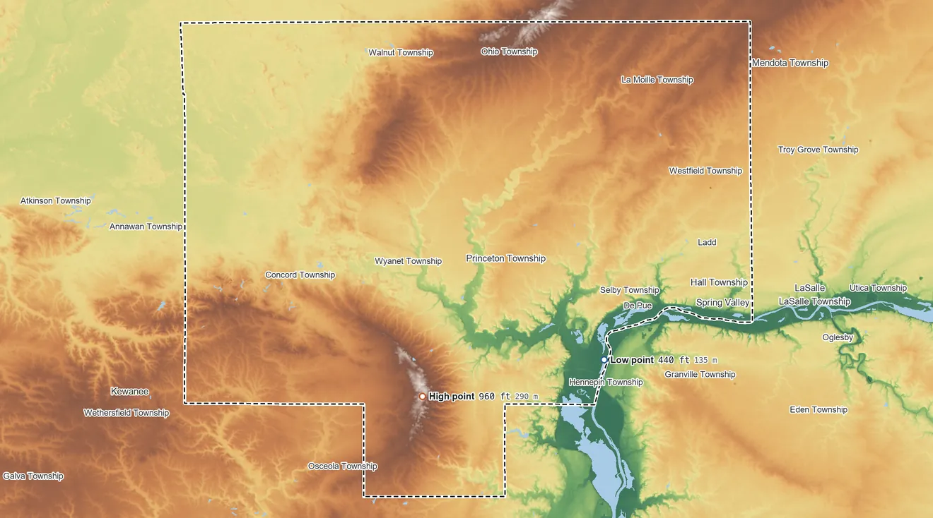 Topographic elevation map of Bureau County, Illinois, shaded from 440 ft on the southeast side to 960 ft on the south side