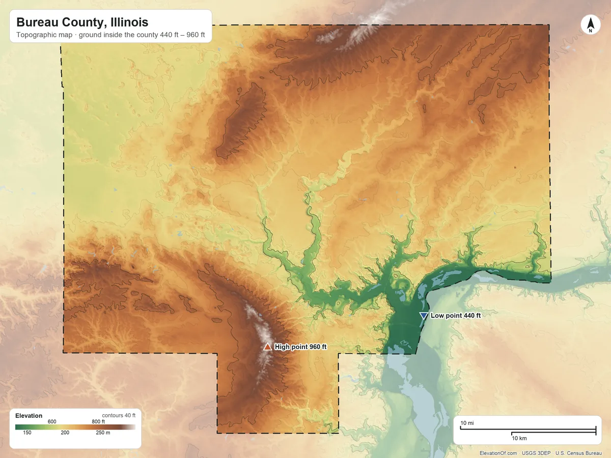 Topographic elevation map of Bureau County, Illinois, shaded from 440 ft on the southeast side to 960 ft on the south side