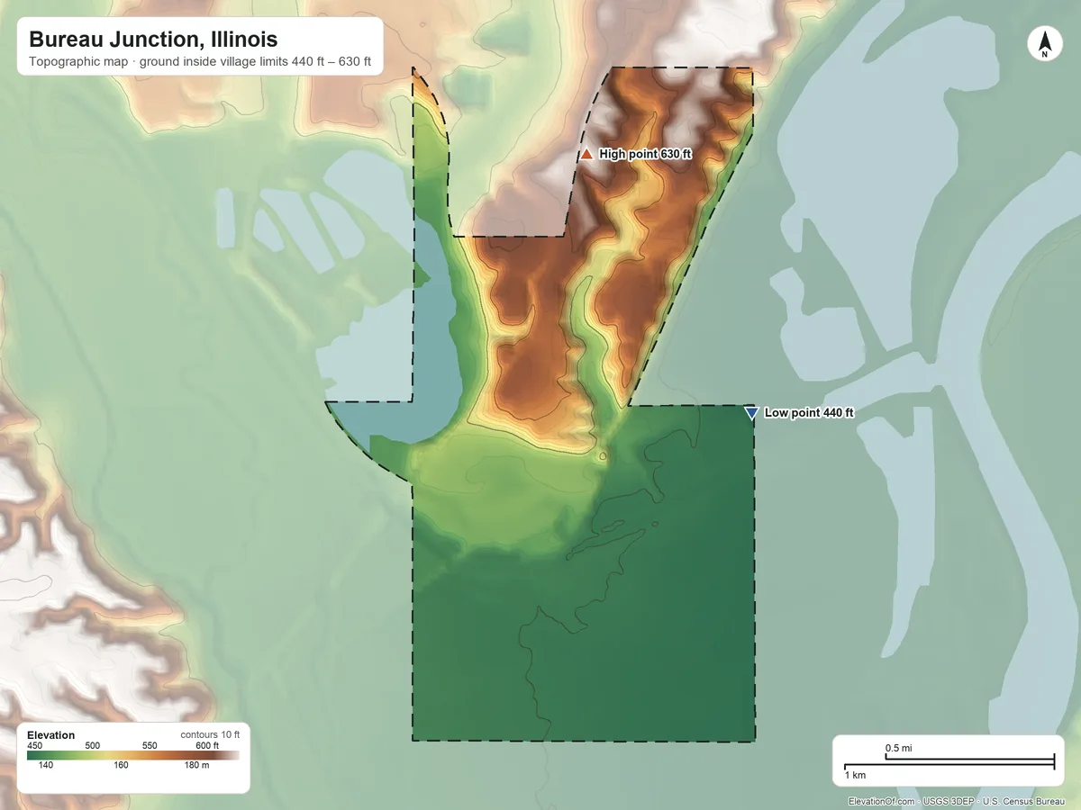 Topographic elevation map of Bureau Junction, Illinois, shaded from 440 ft on the east side to 630 ft on the north side