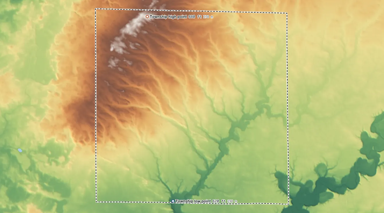 Topographic elevation map of Bureau Township, Illinois, shaded from 620 ft on the south side to 880 ft on the northwest side