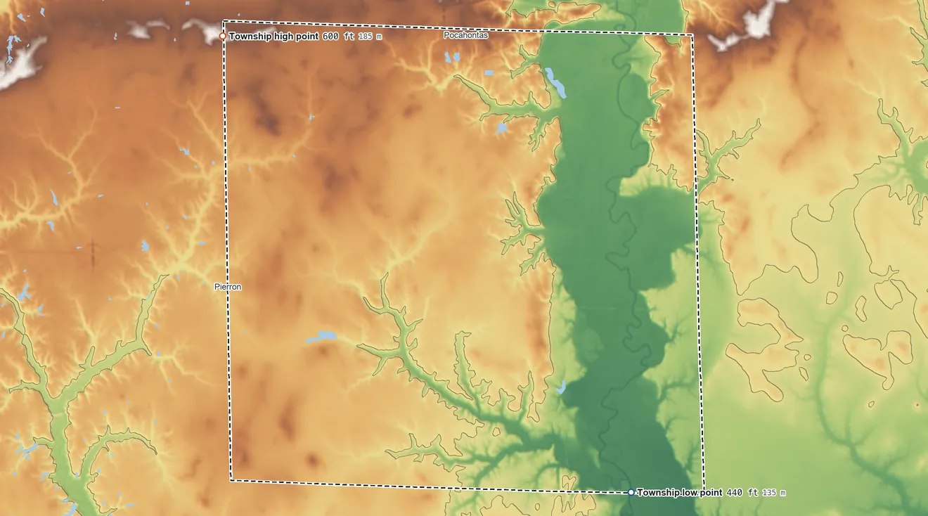 Topographic elevation map of Burgess Township, Illinois, shaded from 440 ft on the southeast side to 600 ft on the northwest side