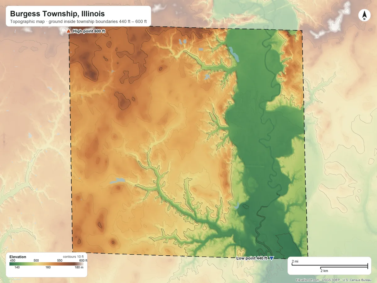Topographic elevation map of Burgess Township, Illinois, shaded from 440 ft on the southeast side to 600 ft on the northwest side
