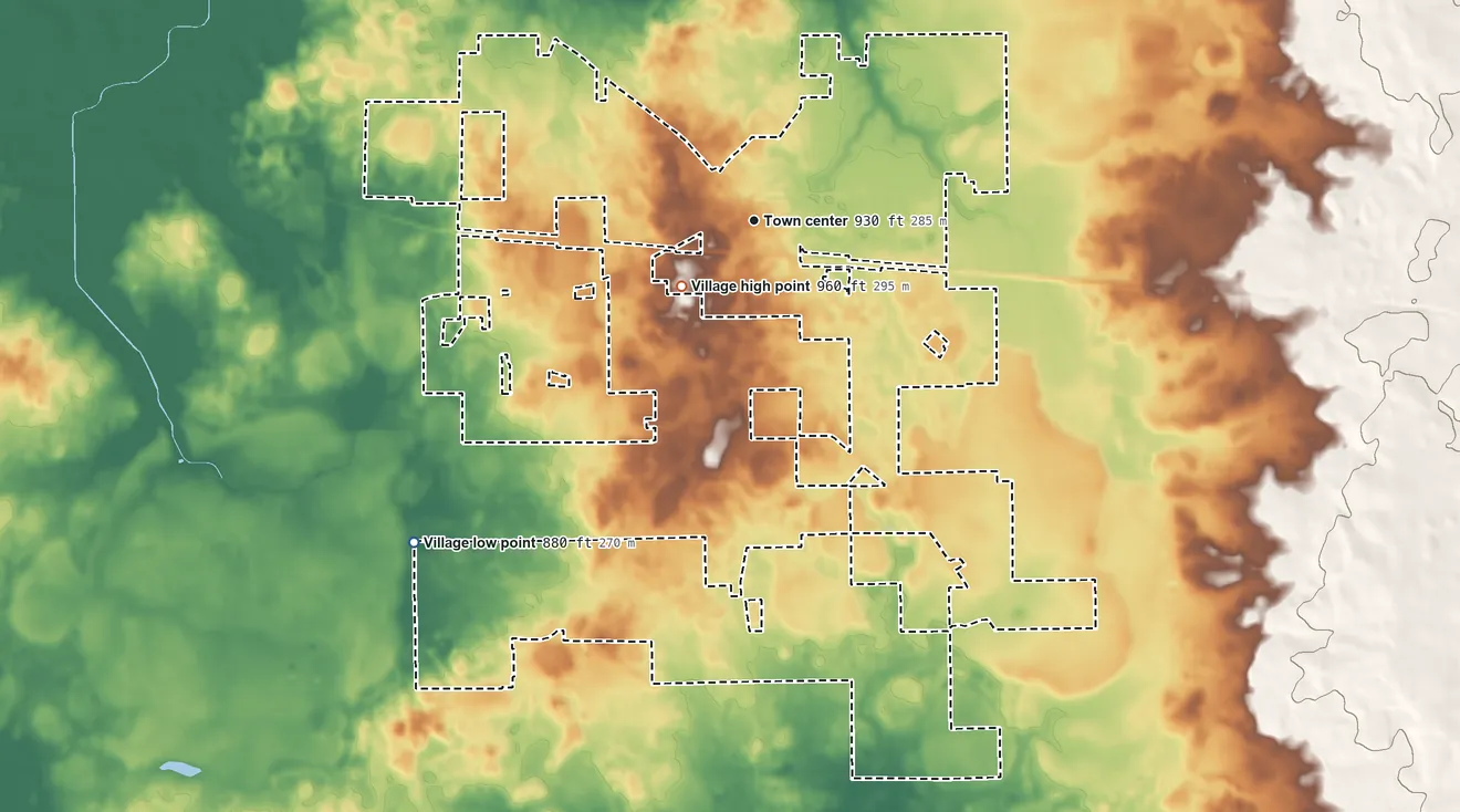 Topographic elevation map of Burlington, Illinois, shaded from 880 ft on the southwest side to 960 ft near the middle