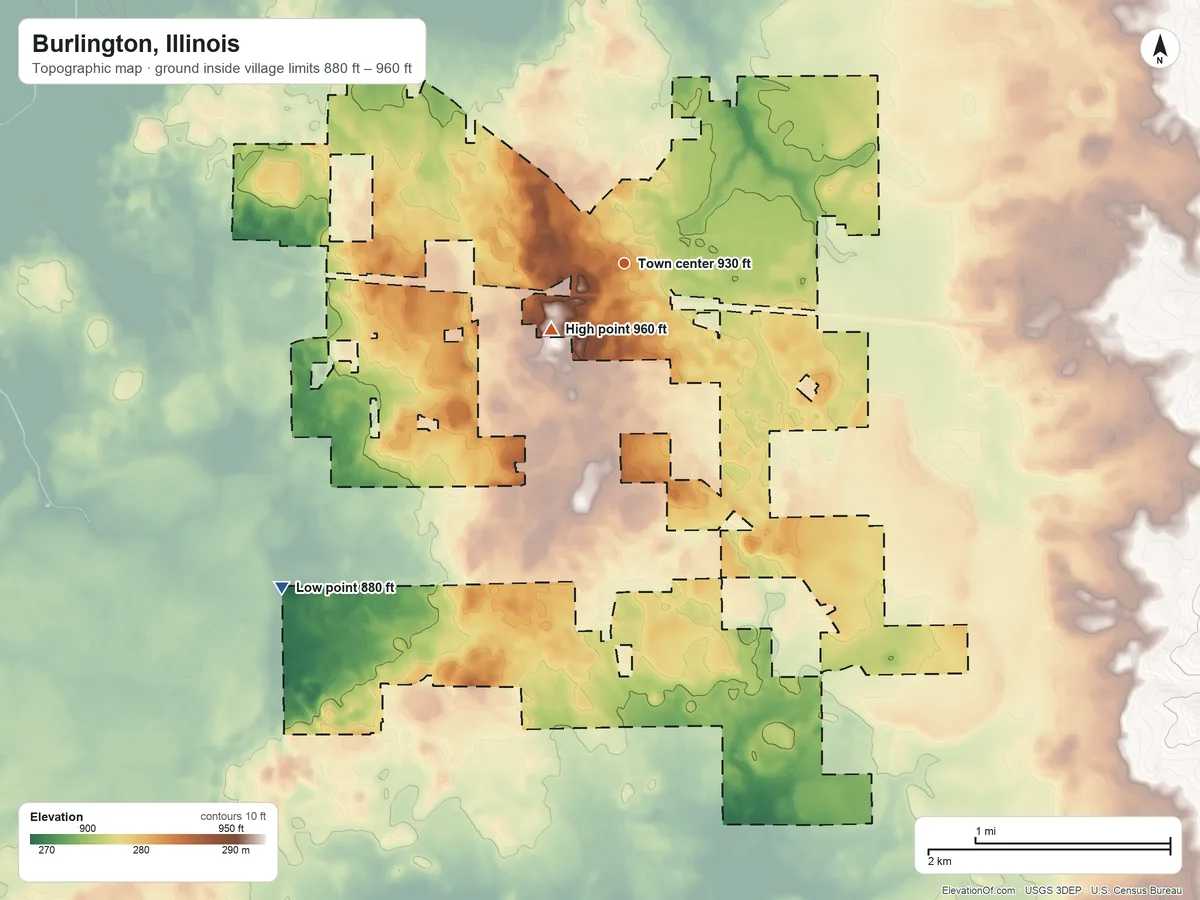 Topographic elevation map of Burlington, Illinois, shaded from 880 ft on the southwest side to 960 ft near the middle