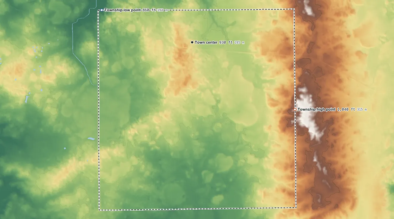 Topographic elevation map of Burlington Township, Illinois, shaded from 860 ft on the west side to 1,040 ft on the southeast side