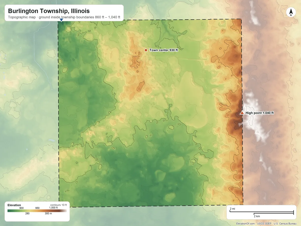 Topographic elevation map of Burlington Township, Illinois, shaded from 860 ft on the west side to 1,040 ft on the southeast side
