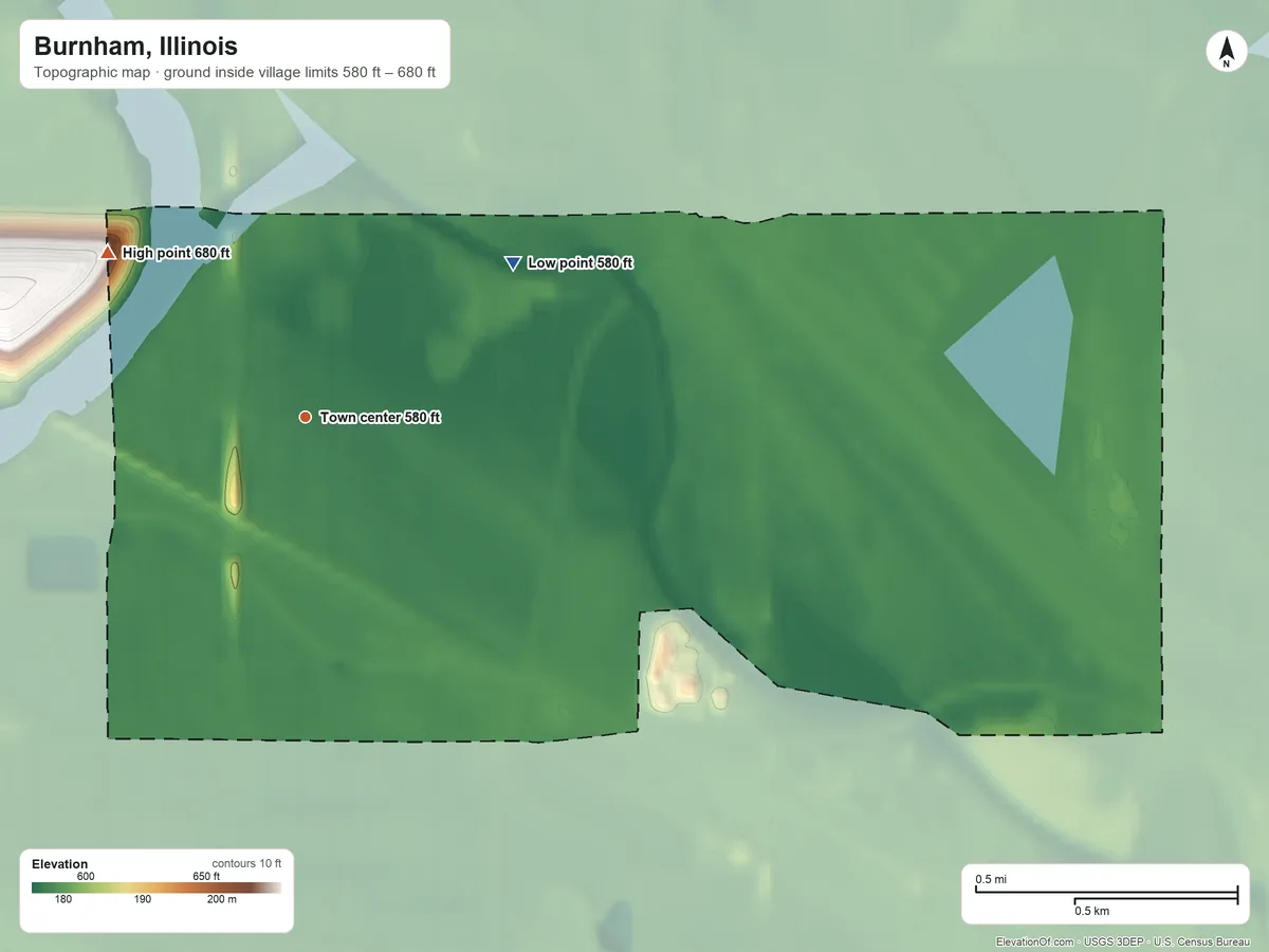 Topographic elevation map of Burnham, Illinois, shaded from 580 ft on the northeast side to 680 ft on the northwest side