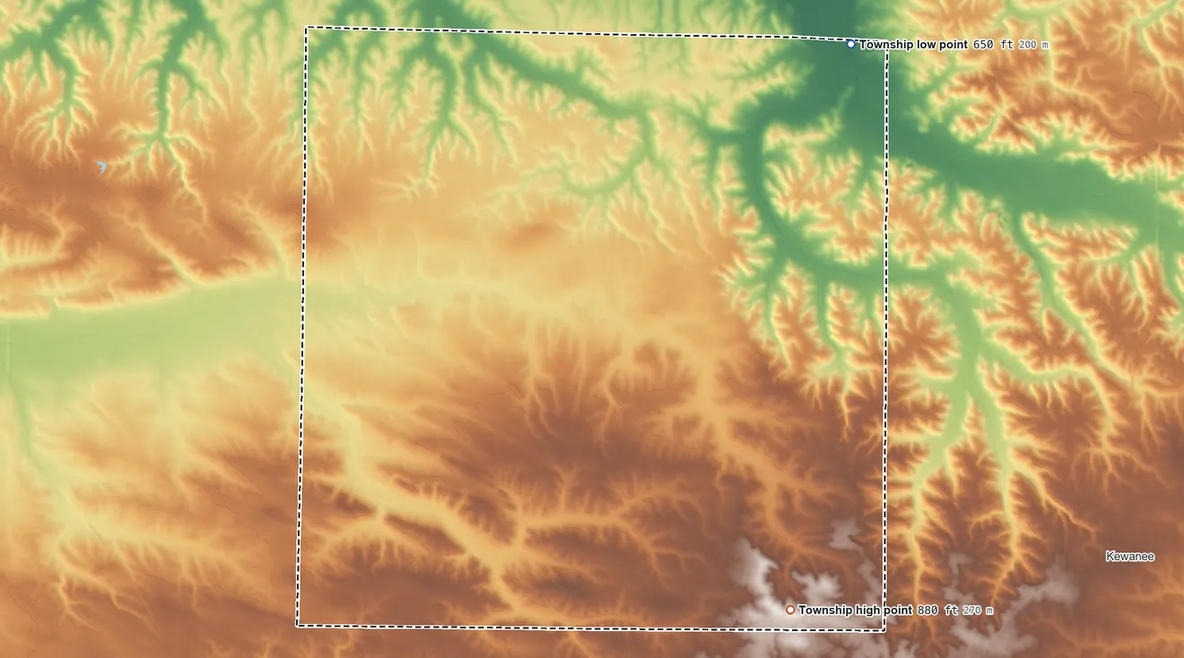 Topographic elevation map of Burns Township, Illinois, shaded from 650 ft on the northeast side to 880 ft on the southeast side