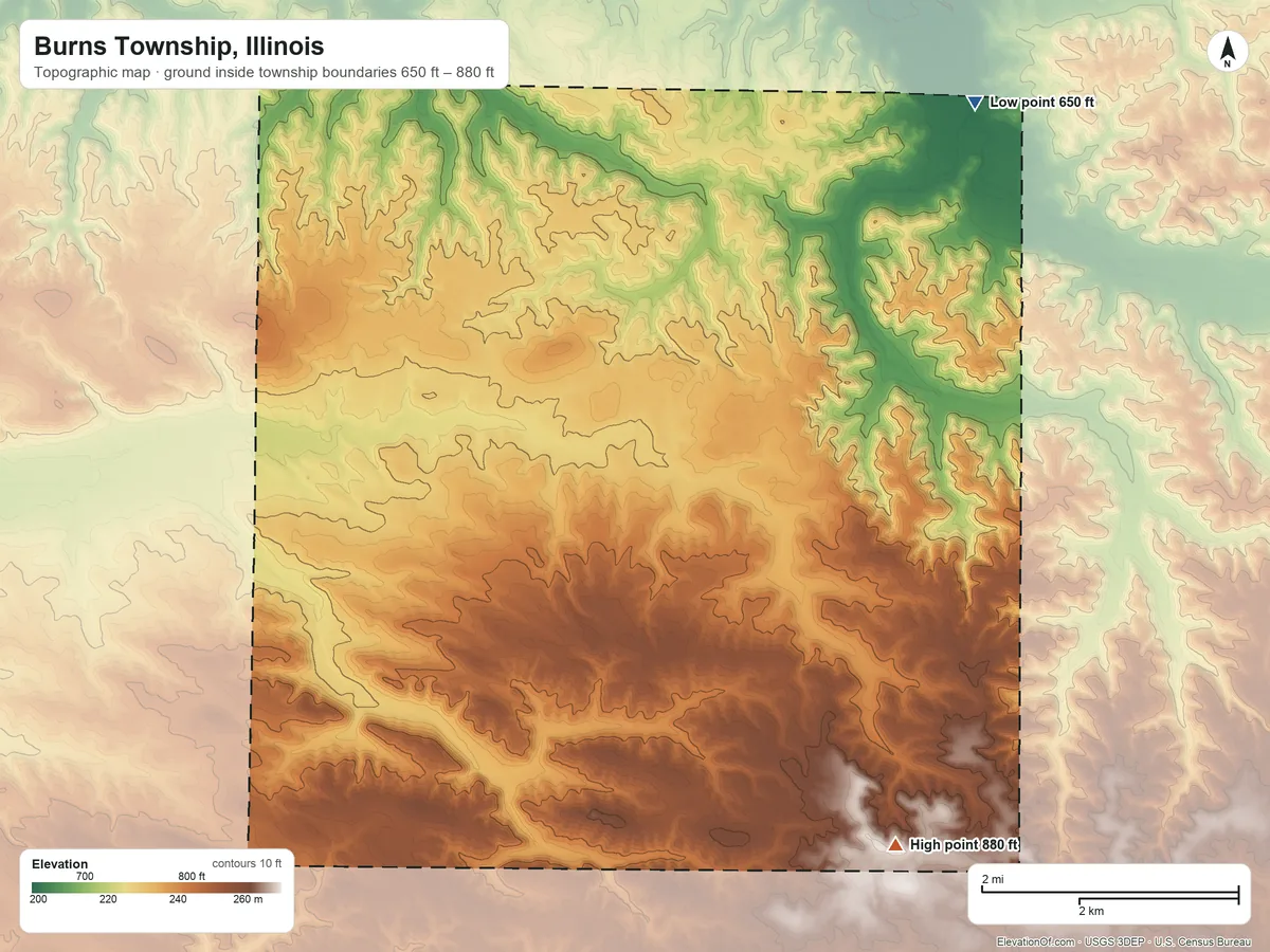 Topographic elevation map of Burns Township, Illinois, shaded from 650 ft on the northeast side to 880 ft on the southeast side