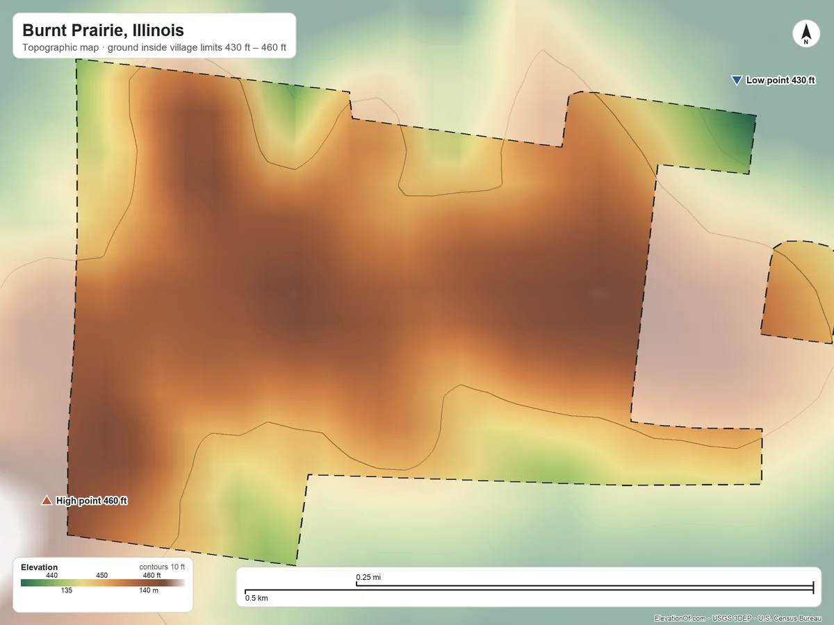 Topographic elevation map of Burnt Prairie, Illinois, shaded from 430 ft on the northeast side to 460 ft on the southwest side