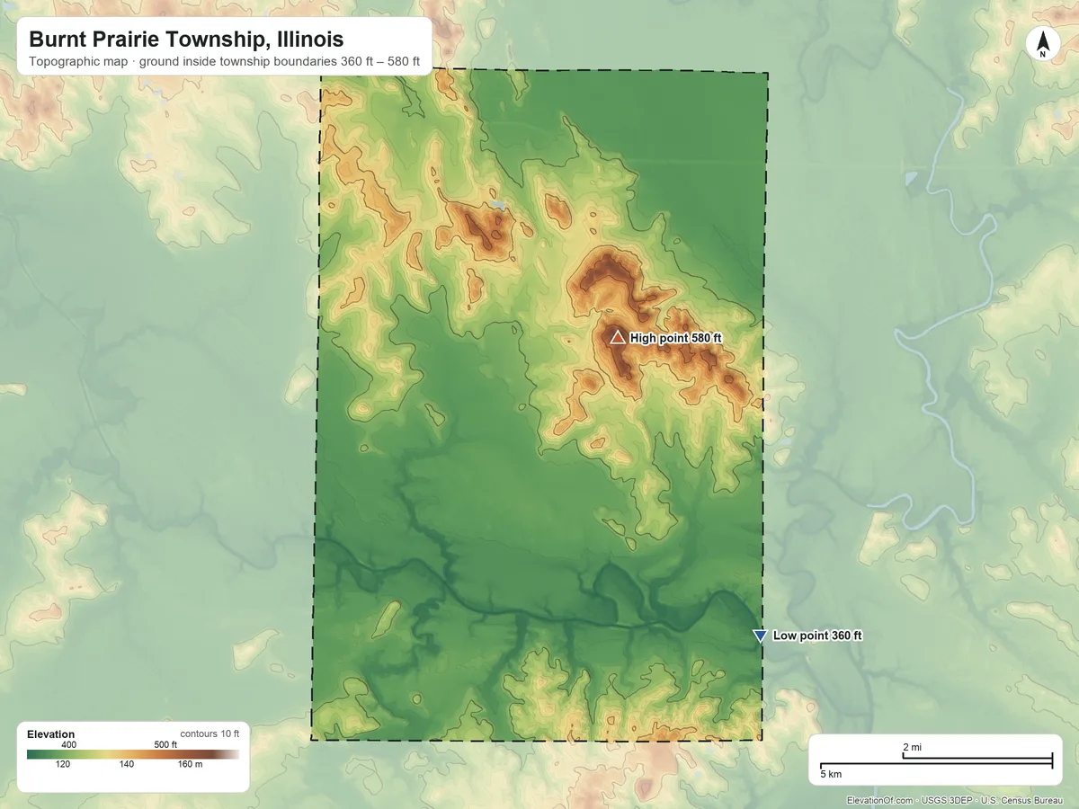 Topographic elevation map of Burnt Prairie Township, Illinois, shaded from 360 ft on the southeast side to 580 ft on Boyd Hill