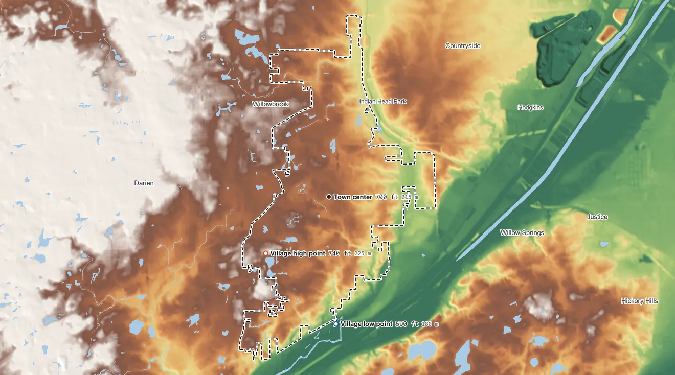Topographic elevation map of Burr Ridge, Illinois, shaded from 590 ft on the south side to 740 ft on the southwest side
