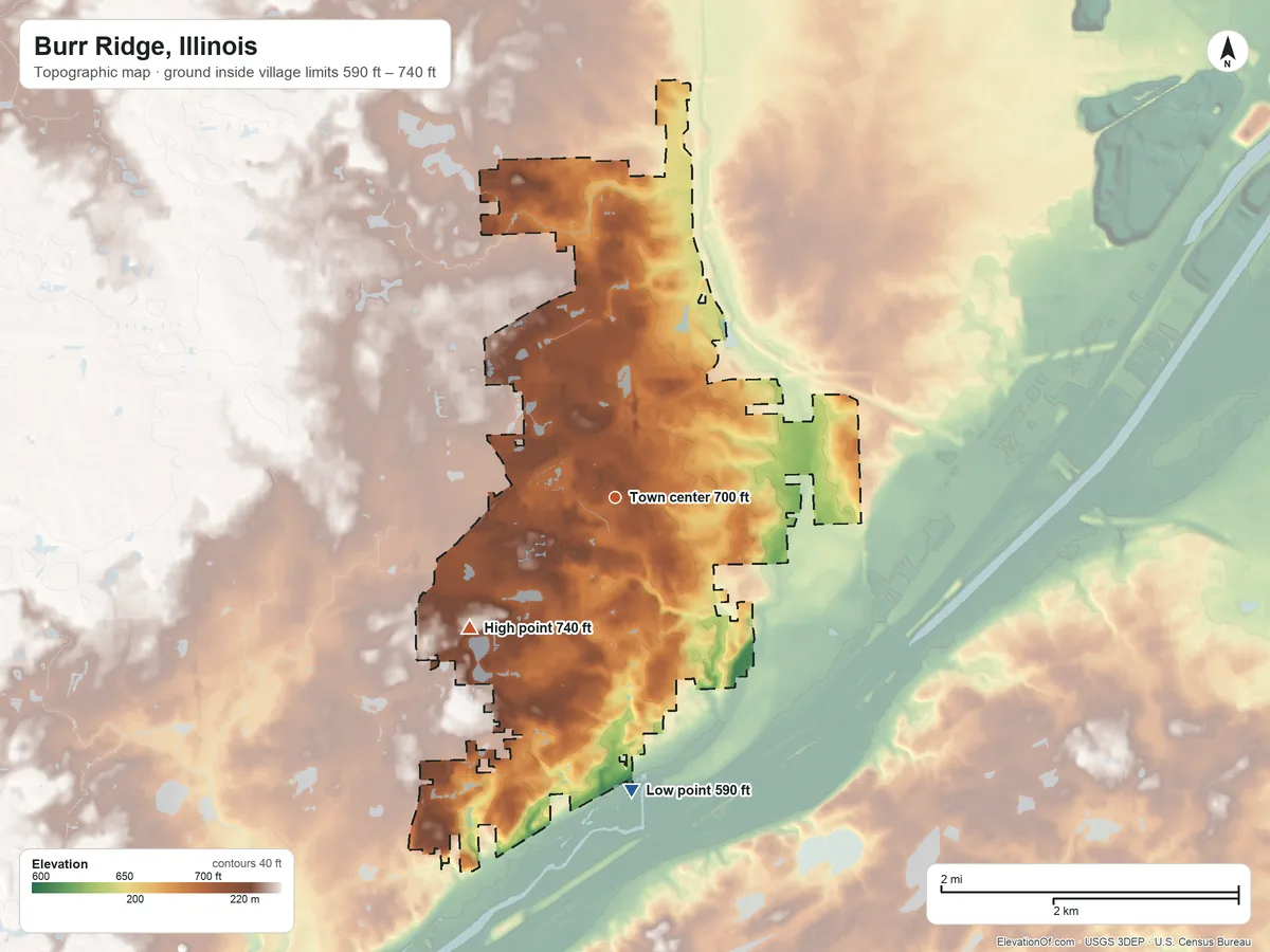 Topographic elevation map of Burr Ridge, Illinois, shaded from 590 ft on the south side to 740 ft on the southwest side