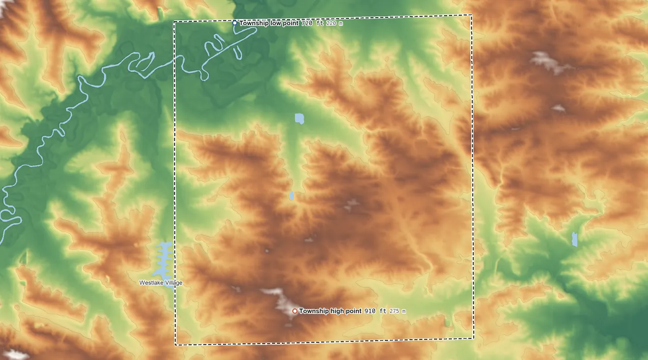 Topographic elevation map of Burritt Township, Illinois, shaded from 720 ft on the northwest side to 910 ft on the south side