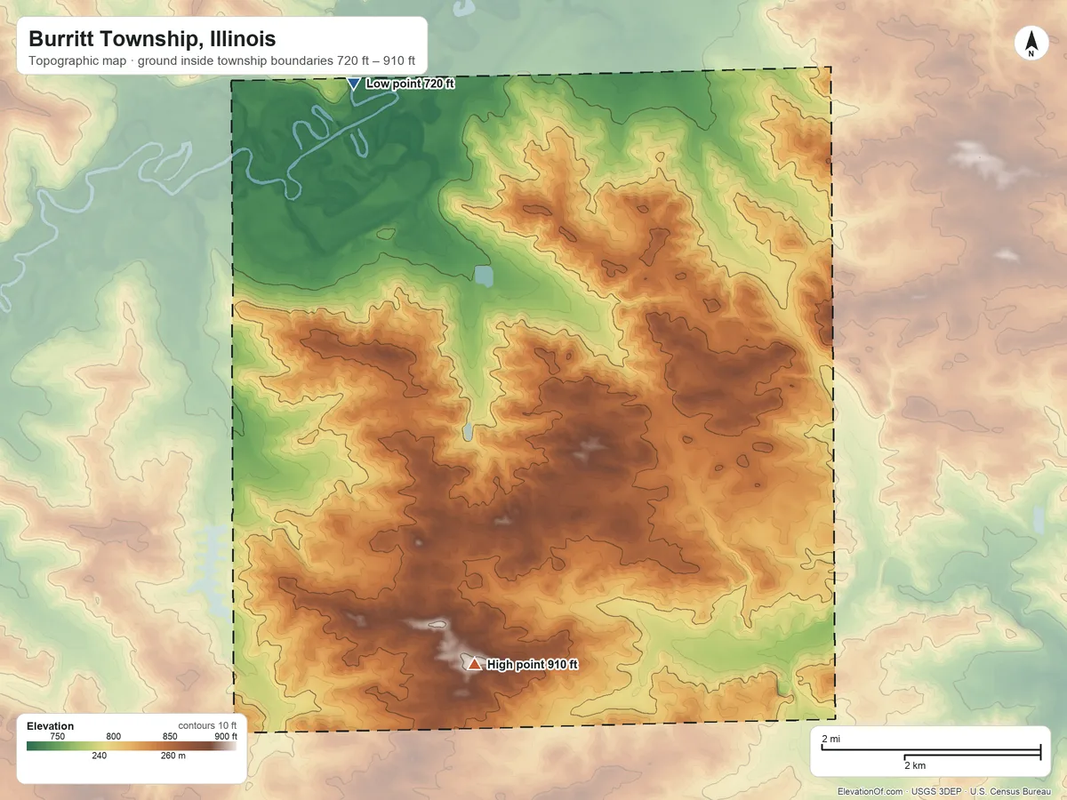 Topographic elevation map of Burritt Township, Illinois, shaded from 720 ft on the northwest side to 910 ft on the south side