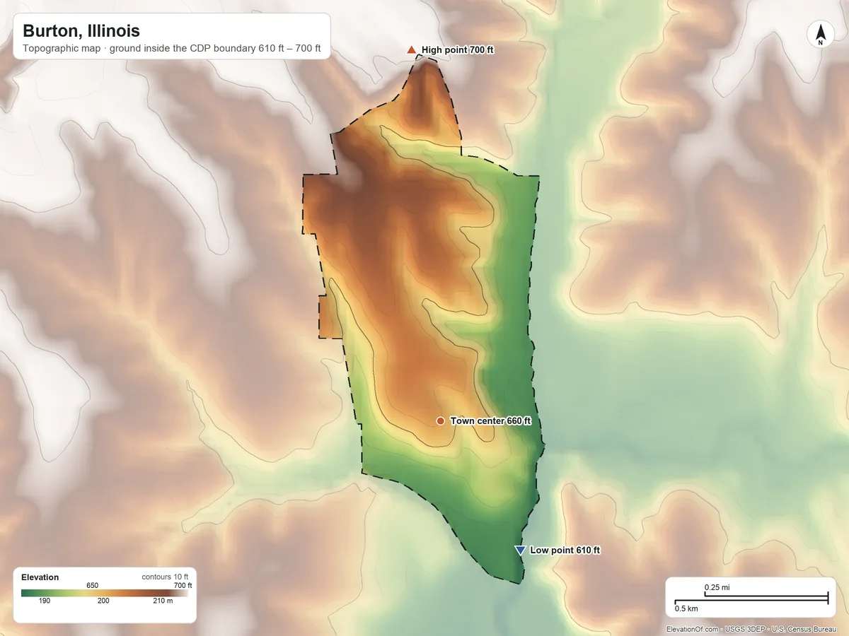 Topographic elevation map of Burton, Illinois, shaded from 610 ft on the southeast side to 700 ft on the north side