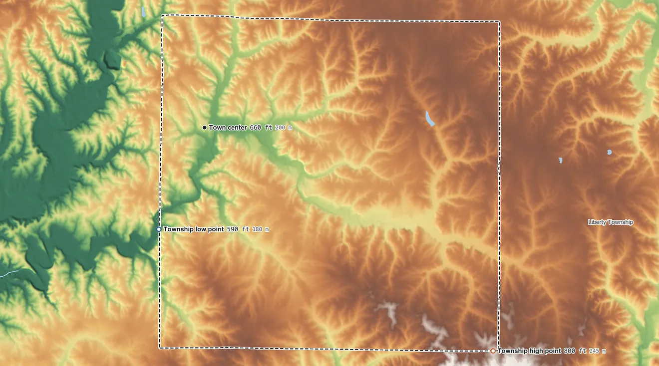 Topographic elevation map of Burton Township, Adams County, Illinois, shaded from 590 ft on the southwest side to 800 ft on the southeast side