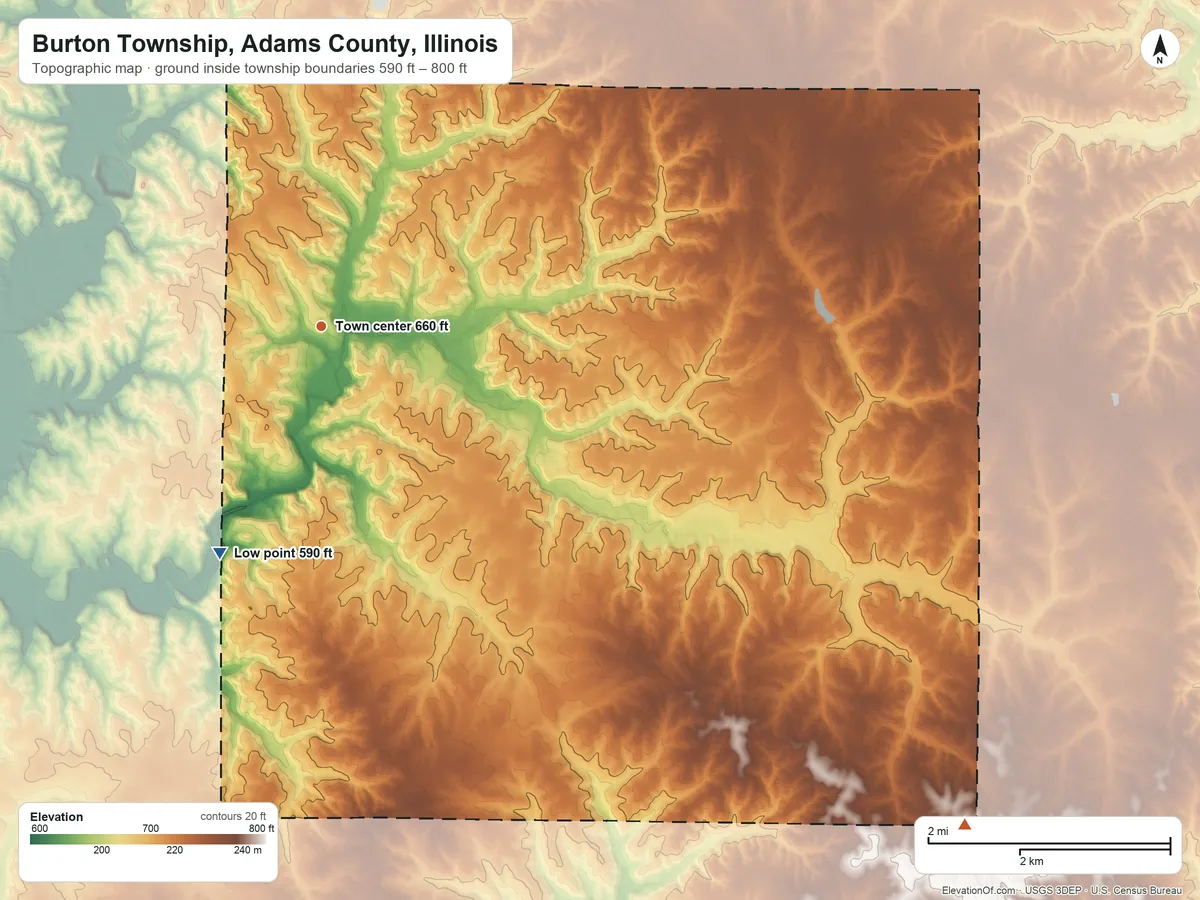 Topographic elevation map of Burton Township, Adams County, Illinois, shaded from 590 ft on the southwest side to 800 ft on the southeast side