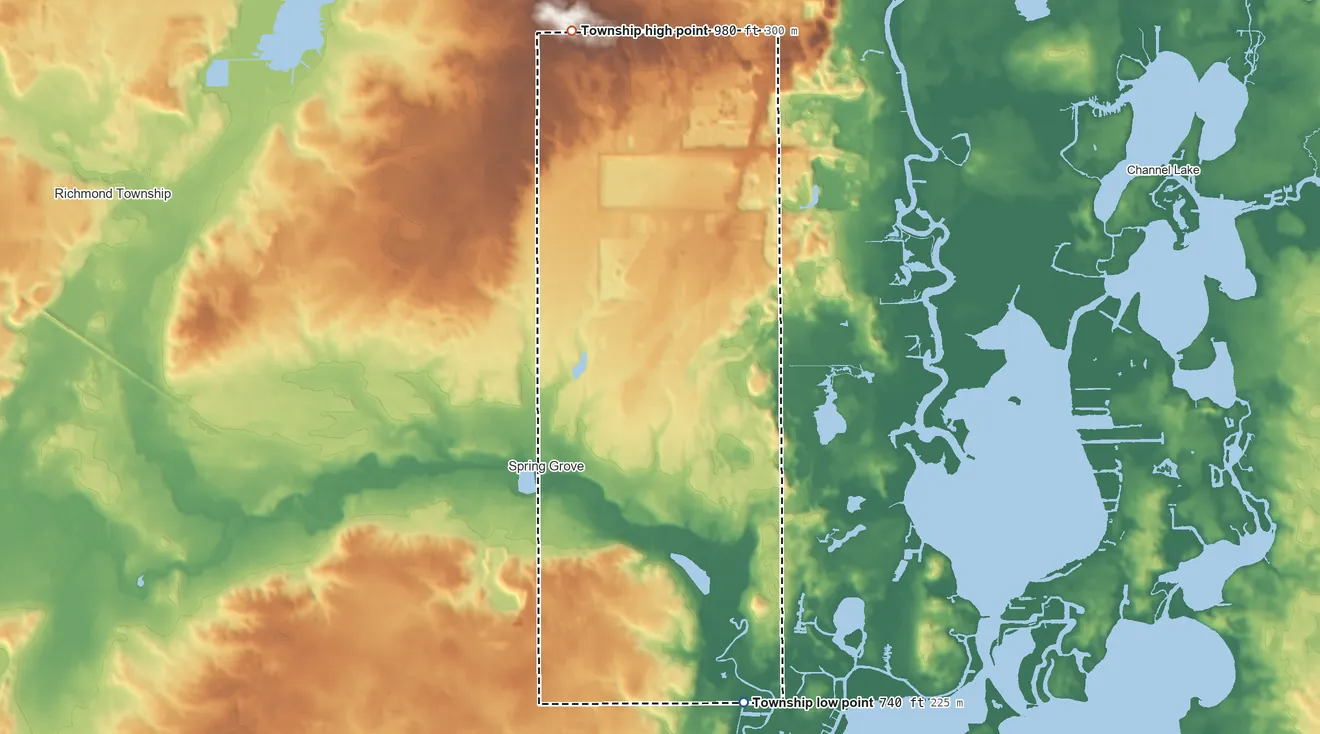 Topographic elevation map of Burton Township, Illinois, shaded from 740 ft on the south side to 980 ft on the north side