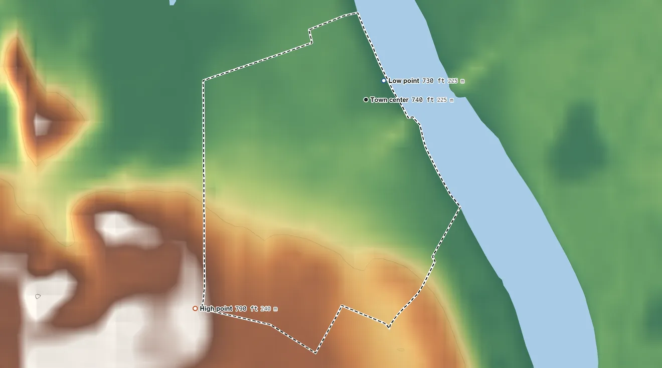 Topographic elevation map of Burtons Bridge, Illinois, shaded from 730 ft near the middle to 790 ft on the southwest side