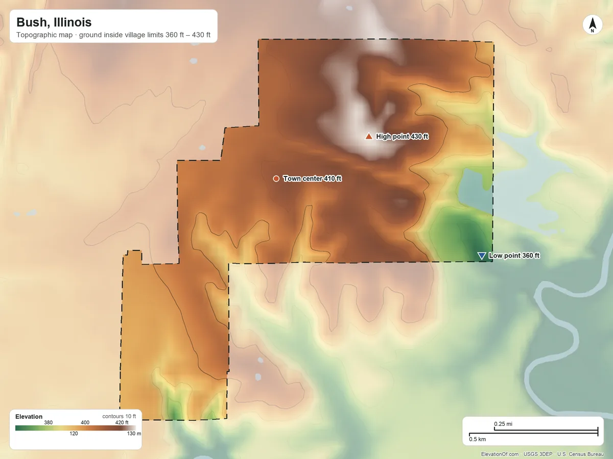 Topographic elevation map of Bush, Illinois, shaded from 360 ft on the east side to 430 ft on the northeast side