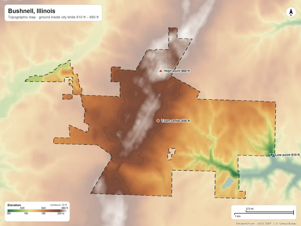 Topographic elevation map of Bushnell, Illinois, shaded from 610 ft on the east side to 660 ft on the north side