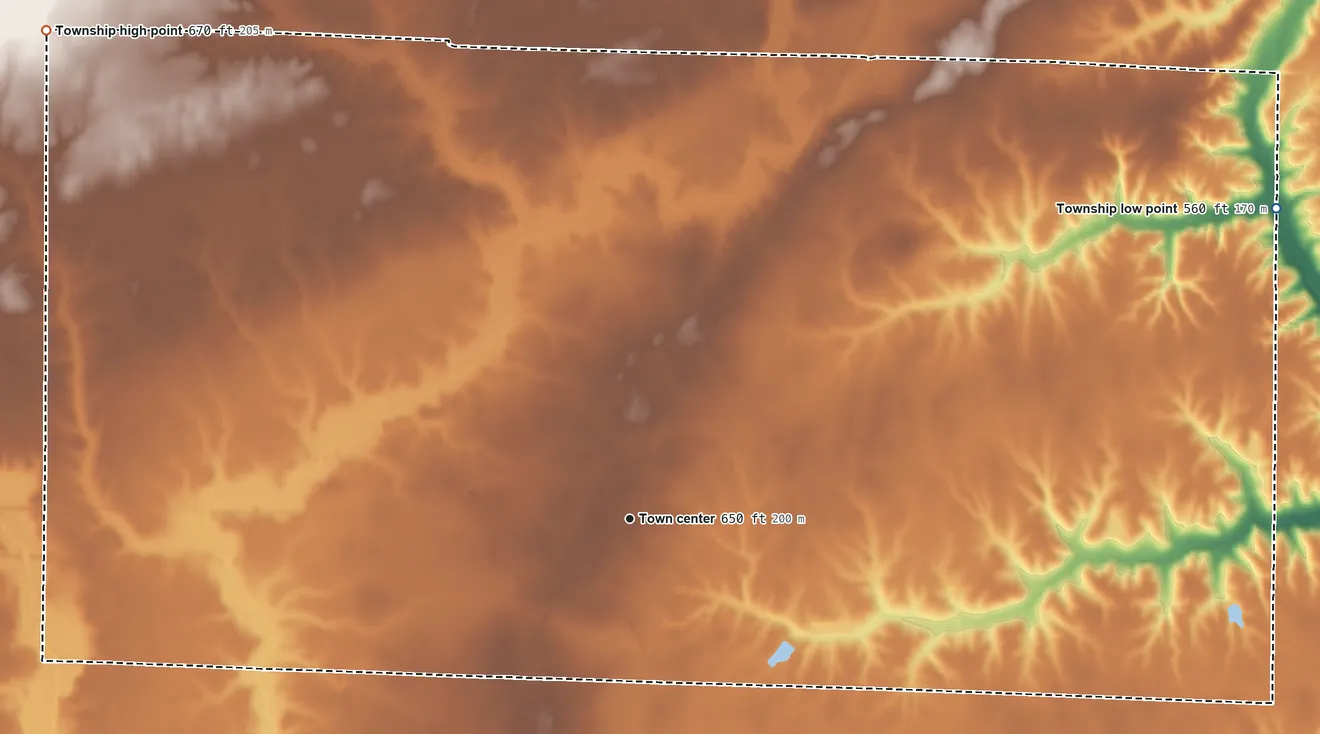 Topographic elevation map of Bushnell Township, Illinois, shaded from 560 ft on the northeast side to 670 ft on the northwest side