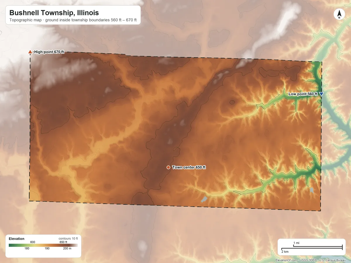 Topographic elevation map of Bushnell Township, Illinois, shaded from 560 ft on the northeast side to 670 ft on the northwest side
