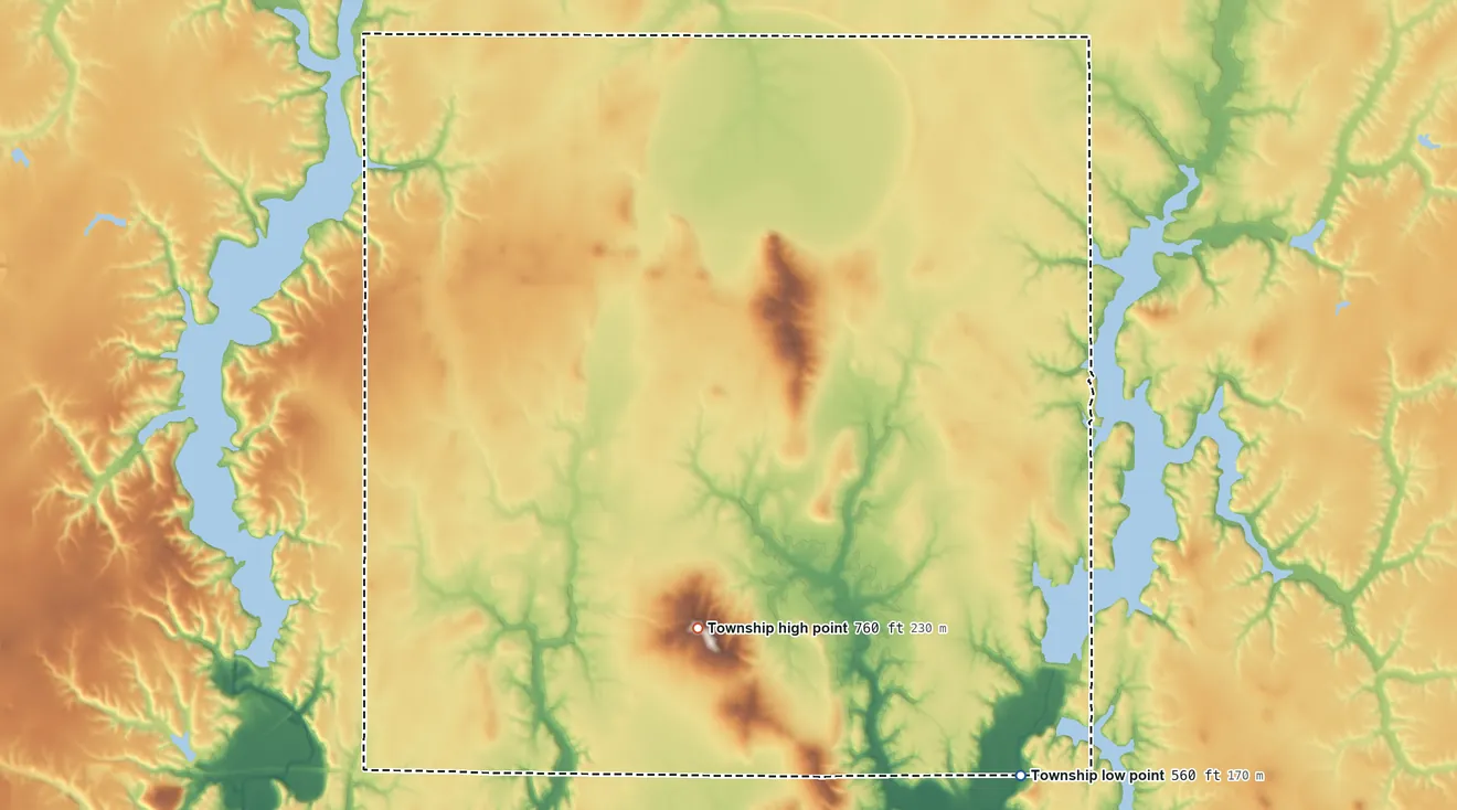 Topographic elevation map of Butler Grove Township, Illinois, shaded from 560 ft on the southeast side to 760 ft on the southwest side