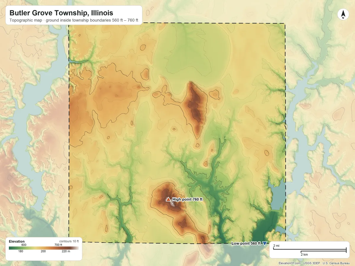 Topographic elevation map of Butler Grove Township, Illinois, shaded from 560 ft on the southeast side to 760 ft on the southwest side